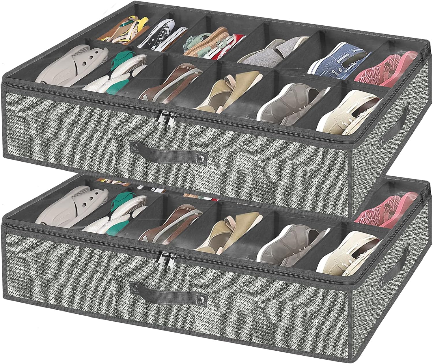 Under Bed Shoe Storage Organizer for Closet - Holds 24 Pairs of Shoes, Sturdy Underbed Shoe Box with Clear Cover, Set of 2 (29.3 x 23.6 x 5.9 Inches, Linen-like Grey) - Perfect for Bedroom, Dorm, Apartment & Small Space Organization