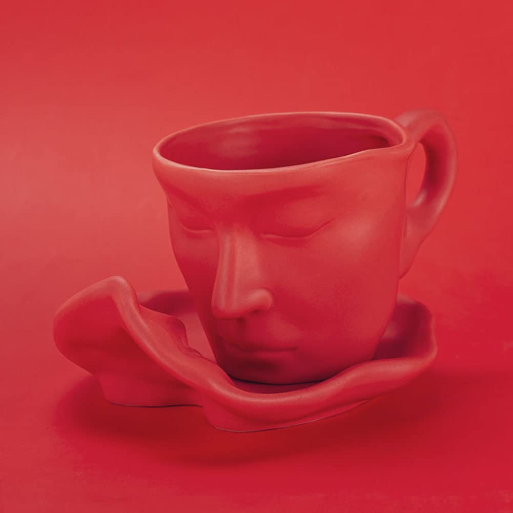 Creative Face Mug Set - 4-Piece Ceramic Coffee Cups & Saucers for Espresso, Cappuccino, Latte - Fun Tea Drinking Cups - Microwave & Dishwasher Safe (Red) - Perfect for Home, Office & Gifts