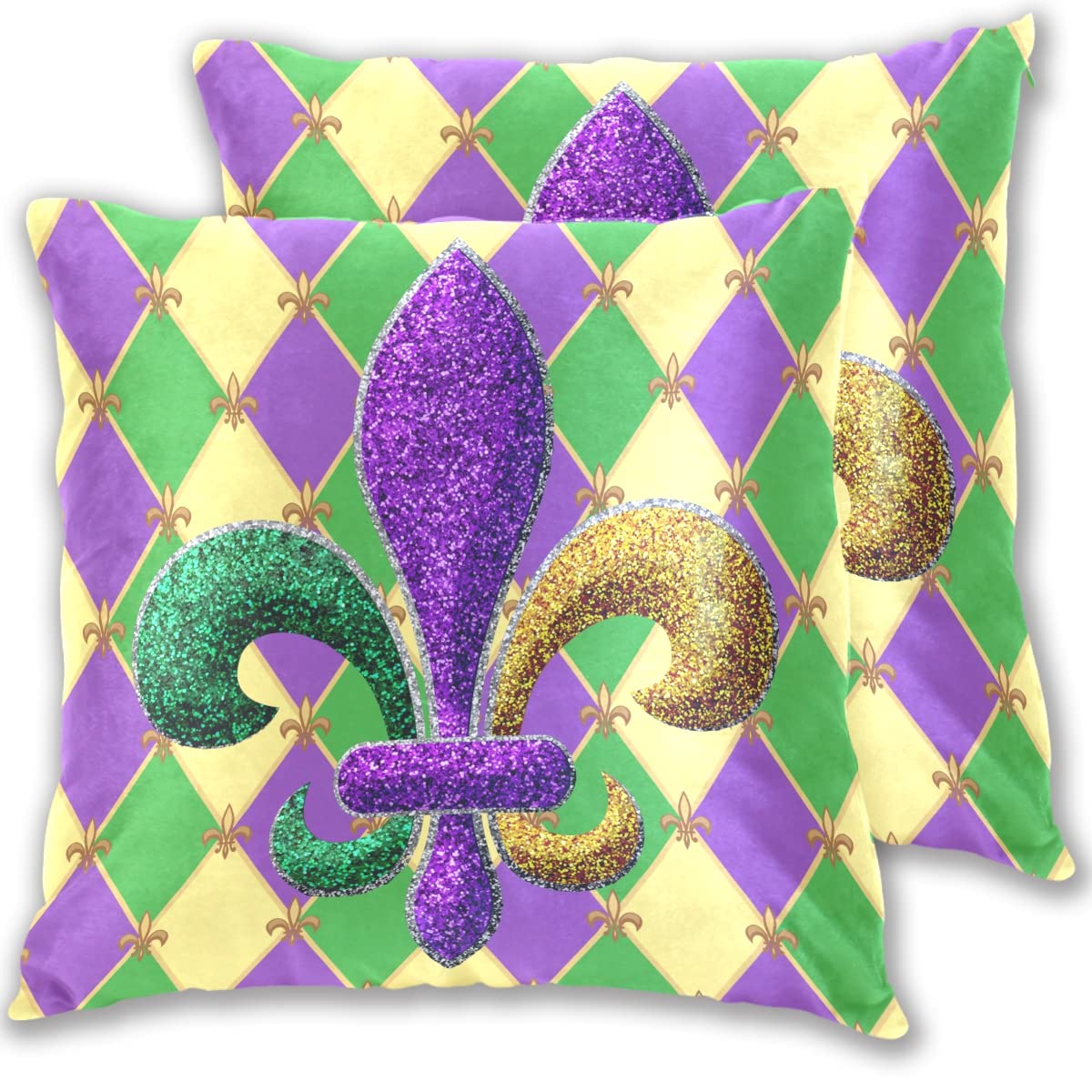 Aflyko Fat Tuesday Mardi Gras Throw Pillow Covers 2 Pack - Fleur De Lis Pattern in Purple, Green & Yellow - 16x16 Inch Decorative Cushion Cases for Sofa, Bed & Party Decor - Perfect for Carnival, Birthday & Housewarming Gifts