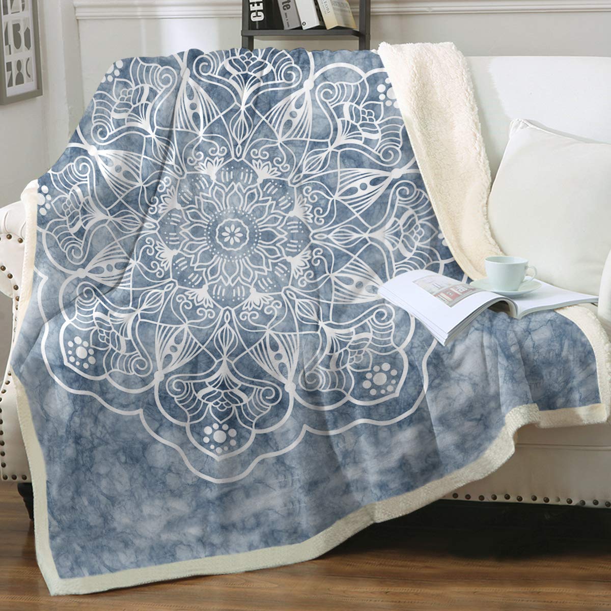 Boho Blue Mandala Fleece Throw Blanket - King Size 108x90 Inches - Soft Geometric Sherpa Plush Bed Blanket for Couch, Bedroom & Living Room - Watercolor Ethnic Cozy Blanket for Winter Nights & Home Decor