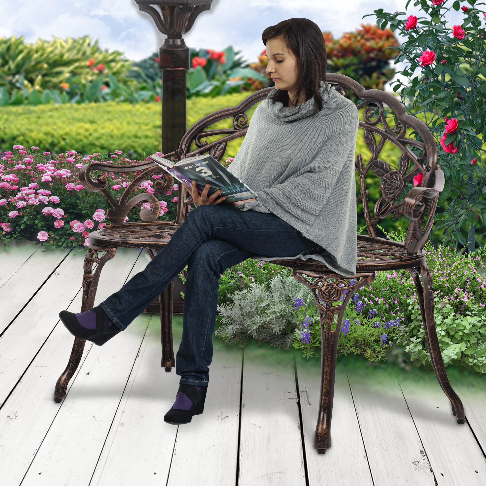 Sturdy Metal Outdoor Bench with Armrests - Elegant Floral Rose Accent Garden Bench for Patio, Porch, Park - Durable Bronze Finish for Indoor/Outdoor Use - Perfect for Relaxing in Gardens, Backyards, and Public Spaces