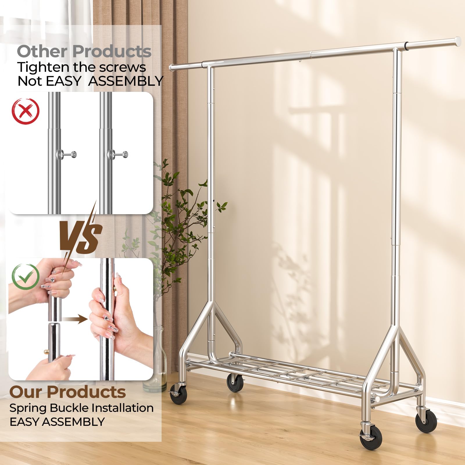 Heavy Duty Garment Rack 450 lbs Capacity - Industrial Strength Metal Clothing Rack with Wheels & Shelves - Portable Wardrobe Storage for Closet, Laundry Room or Retail Store - Silver