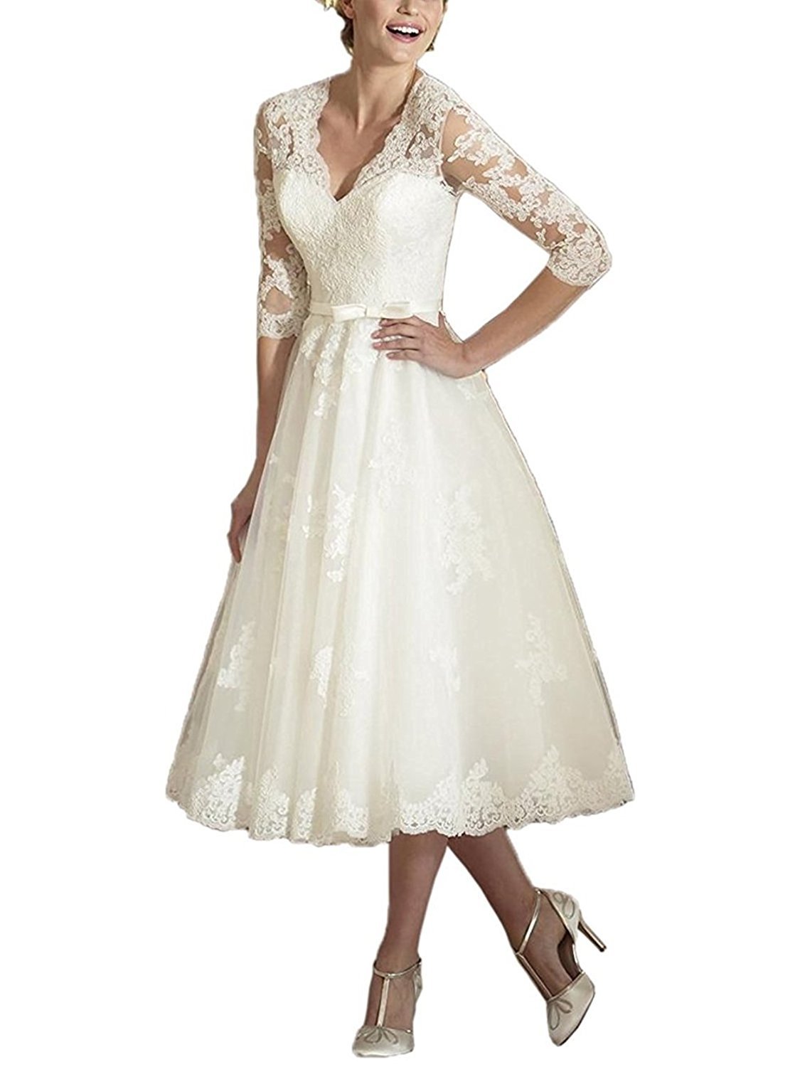 Lorderqueen Women's V-Neck Long Sleeve Lace Wedding Dress - Tea Length Bridal Gown for Church, Garden & Beach Weddings