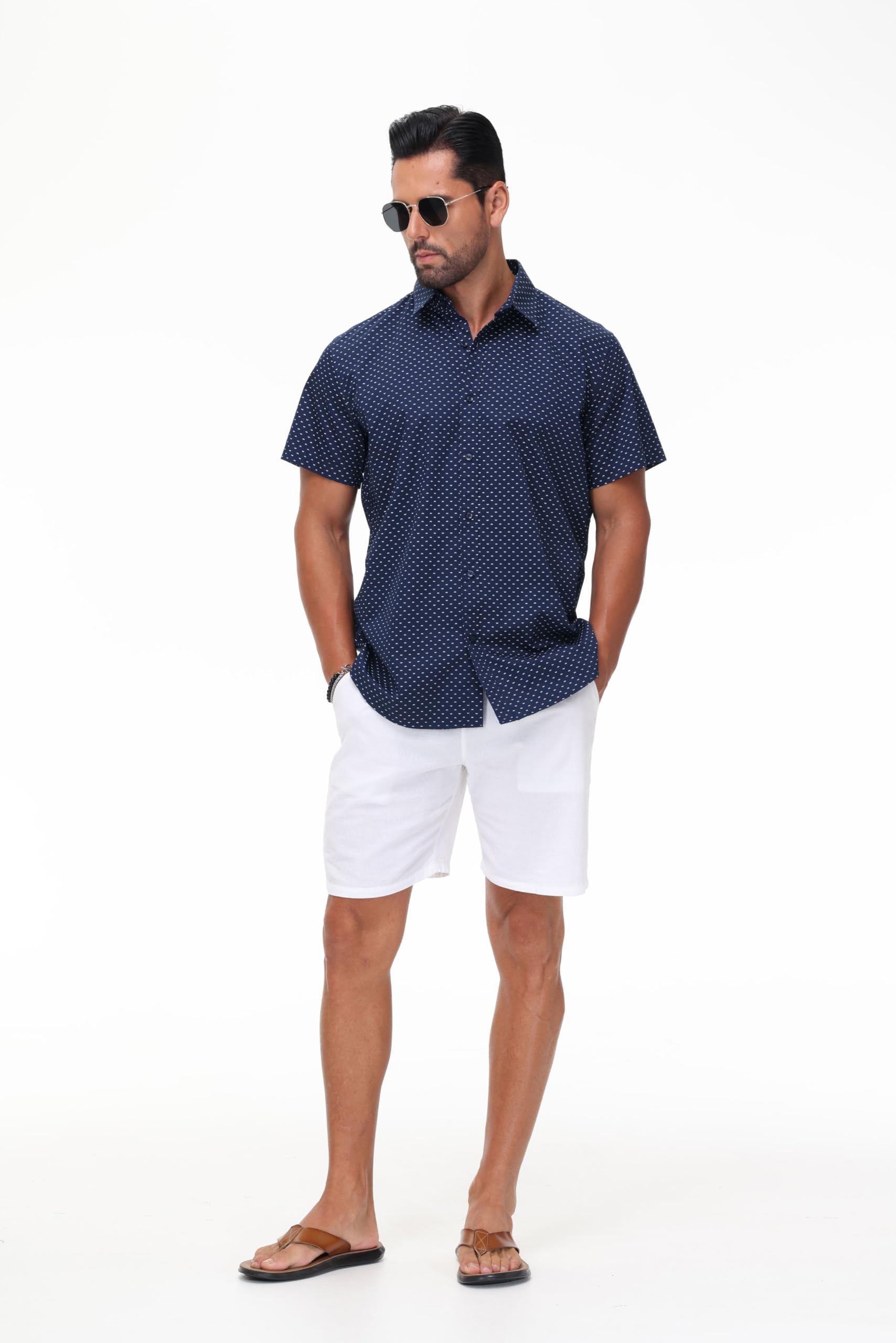MUSE FATH Men's Cotton Short Sleeve Dress Shirt - Casual Printed Button Down Shirt for Office, Business & Summer Wear - Regular Fit Comfortable Work Shirt