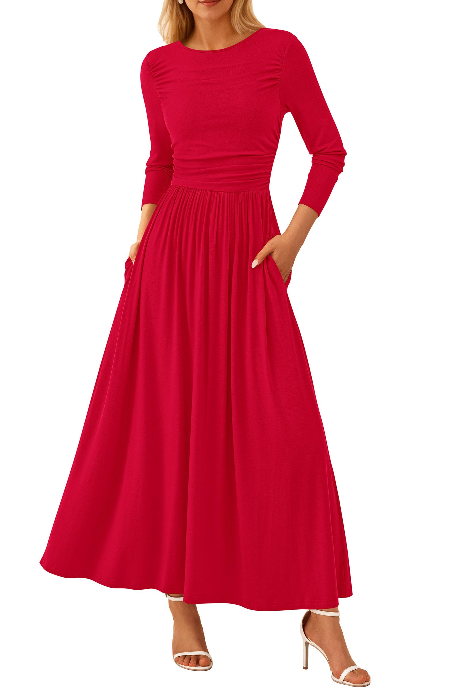 PRETTYGARDEN Women's 2025 Spring Long Sleeve Maxi Dress - Crewneck Ruched A-Line Flowy Elegant Modest Dress for Casual Wear, Church, Wedding Guest & Special Occasions