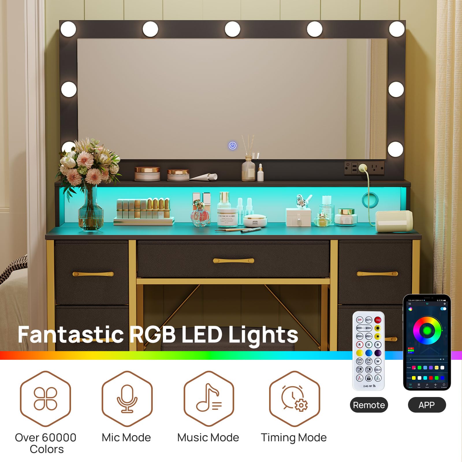 Rolanstar Vanity Desk with Mirror and Lights - Makeup Vanity Set with Upholstered Stool, 7 Fabric Drawers, 9 LED Bulbs & Power Outlets - Black and Gold Dressing Table with RGB Strip Lights for Bedroom, Home Decor & Beauty Routine