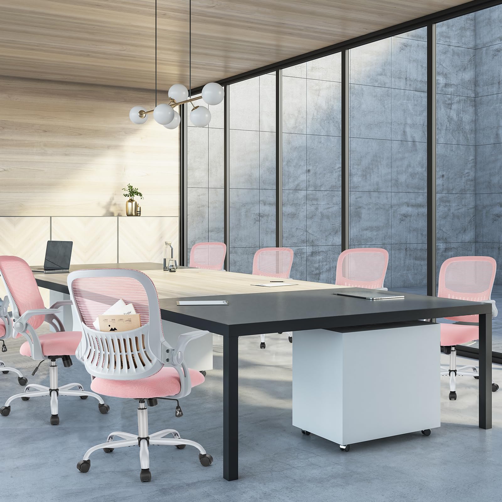 Ergonomic Mesh Office Chair with Lumbar Support - Mid Back Rolling Swivel Task Chair with Wheels & Flip-Up Arms - Comfortable Computer Desk Chair for Home Office, Study, Bedroom - Pink (Ideal for Remote Work, Online Classes & Gaming)