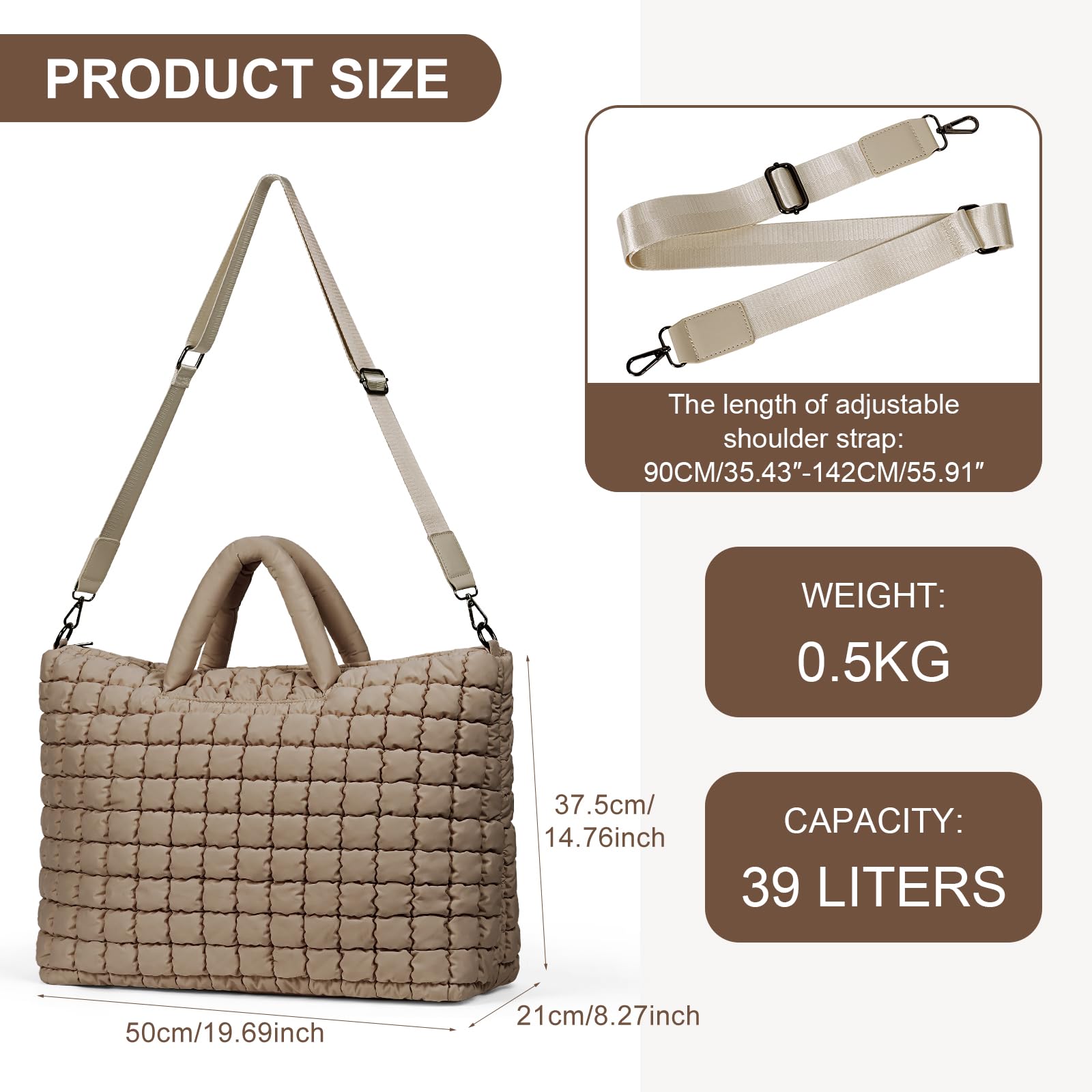 Quilted Duffle Bag for Travel - Large Puffer Weekender Gym Bag, Soft Carry-On Luggage for Overnight Trips | Perfect for Gym, Weekend Getaways & Airplane Travel