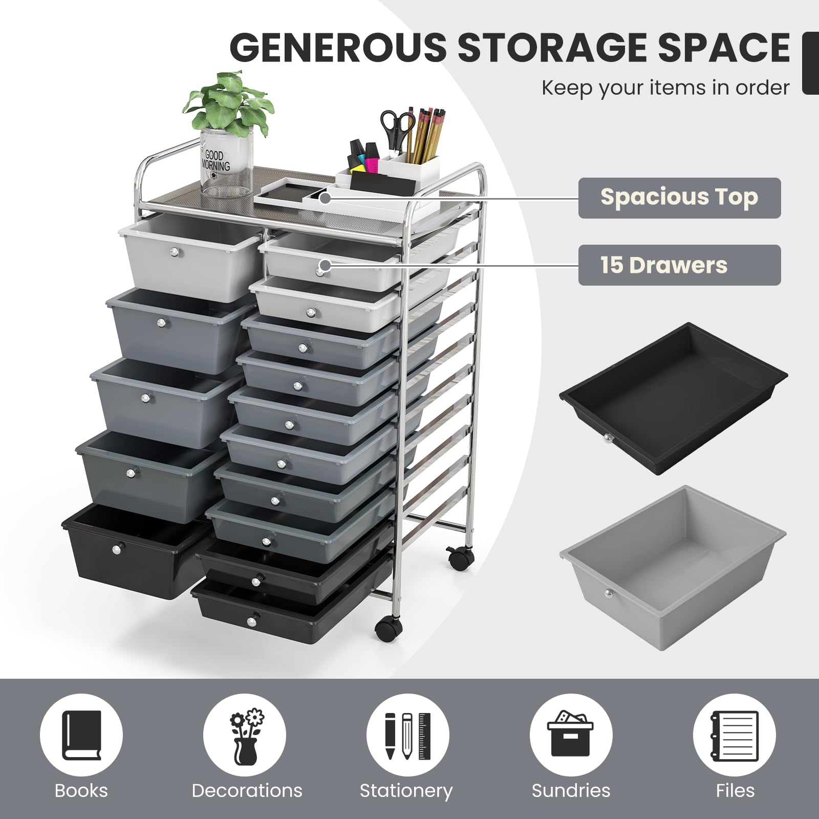 KOTEK 15-Drawer Rolling Storage Cart with 4 Wheels - Multipurpose Mobile Utility Organizer for Home, Office & School - Perfect for Tools, Scrapbook Paper & Craft Supplies (Grey & Black) - Ideal for Craft Rooms, Workshops & Classroom Organization