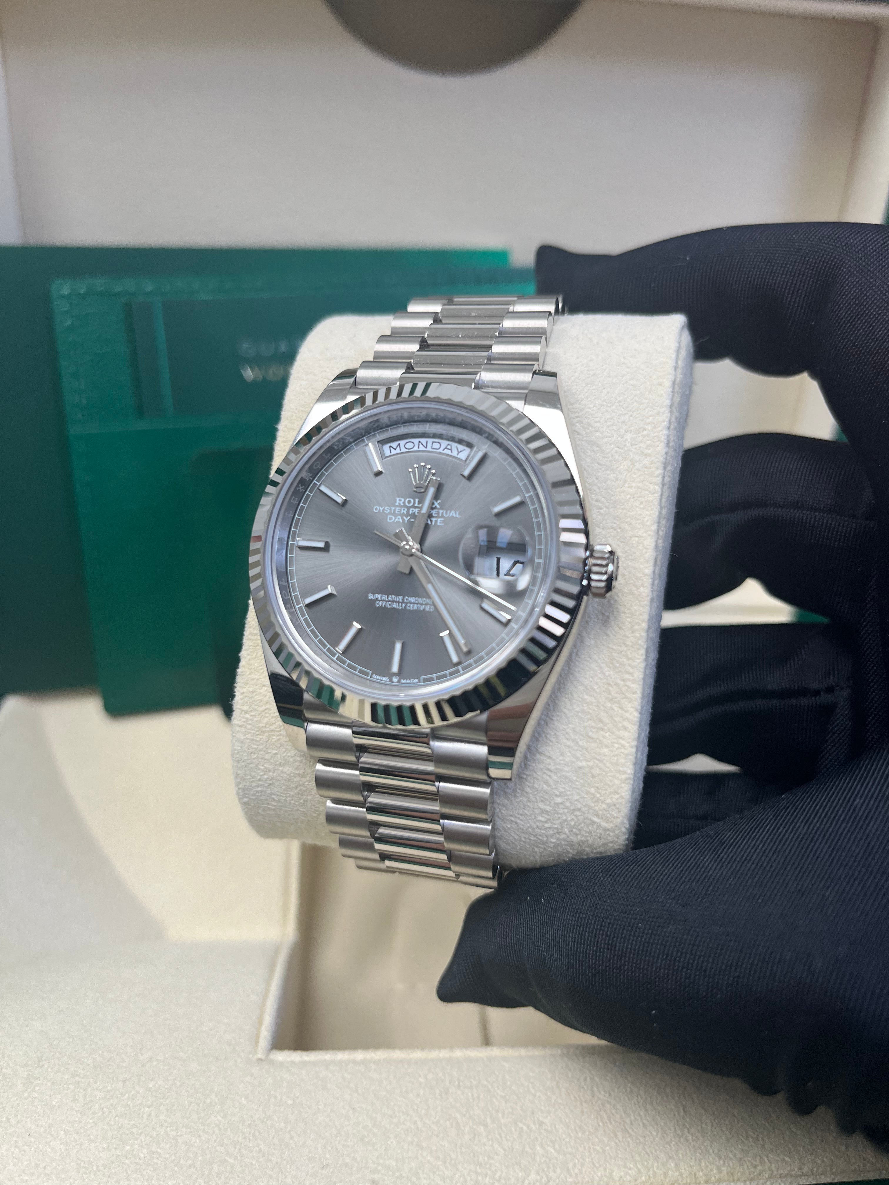 Rolex Day-Date 40mm White Gold Watch with Slate Dial, Fluted Bezel & President Bracelet (Ref: 228239) - Luxury Dress Watch for Business & Formal Occasions