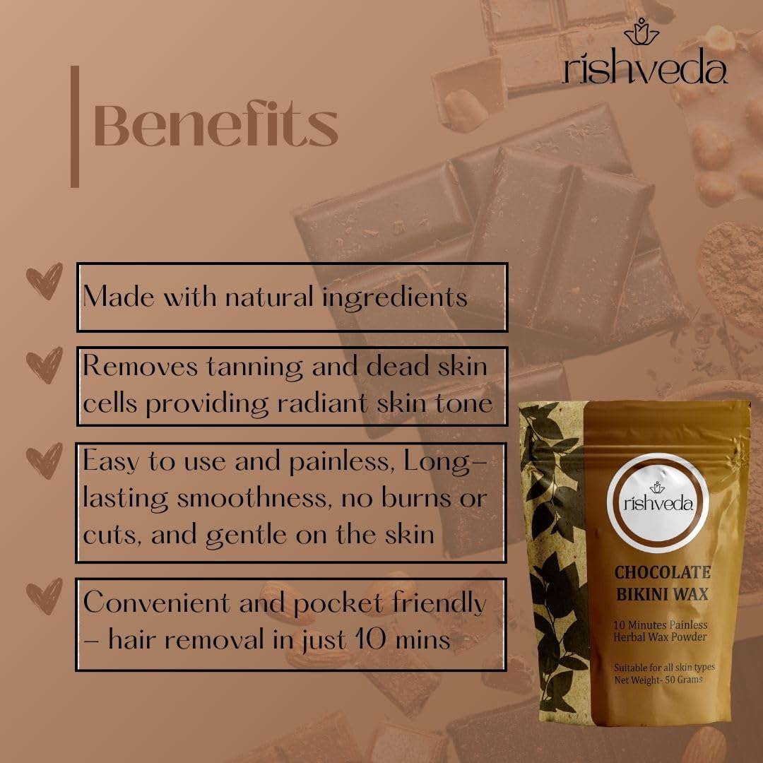 Rishveda Chocolate Bikini Wax - Natural Herbal Hair Removal Powder for Women | Painless 10-Minute Waxing | 50g Pack | Perfect for Smooth Skin at Home, Salon, or Travel