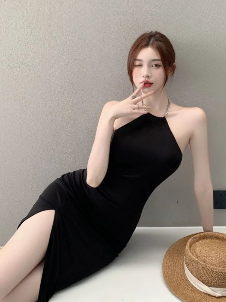 Vintage Black Chain Halter Dress - Elegant Off Shoulder Backless Bodycon Evening Gown with High Slit for Party, Club, Prom & Date Night