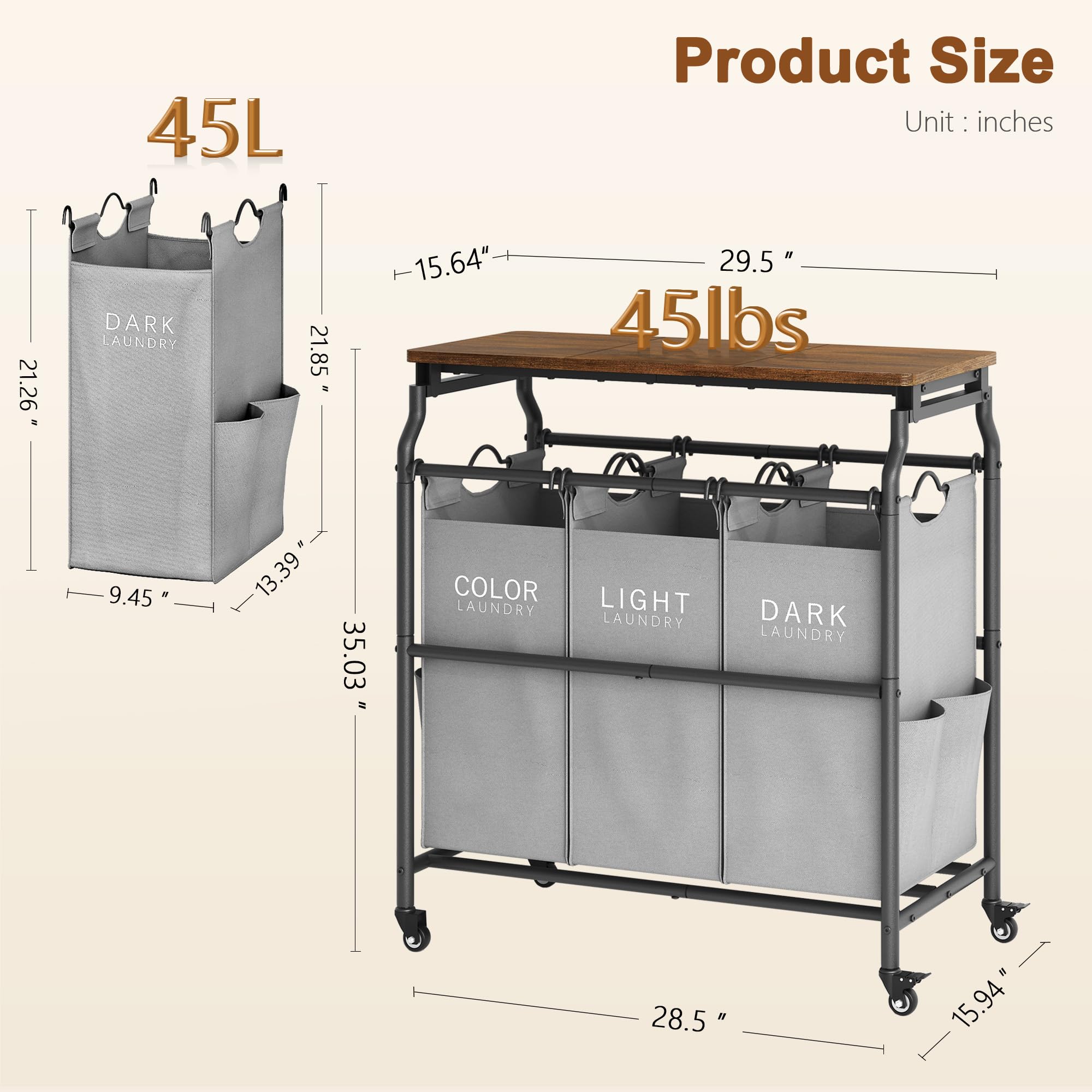 Hoctieon 3-Section Laundry Sorter Cart with Ironing Board & Removable Bags - Heavy Duty Rolling Laundry Hamper with Shelf & Wheels - Large Laundry Basket Organizer for Bedroom, Laundry Room & Dorm - Gray