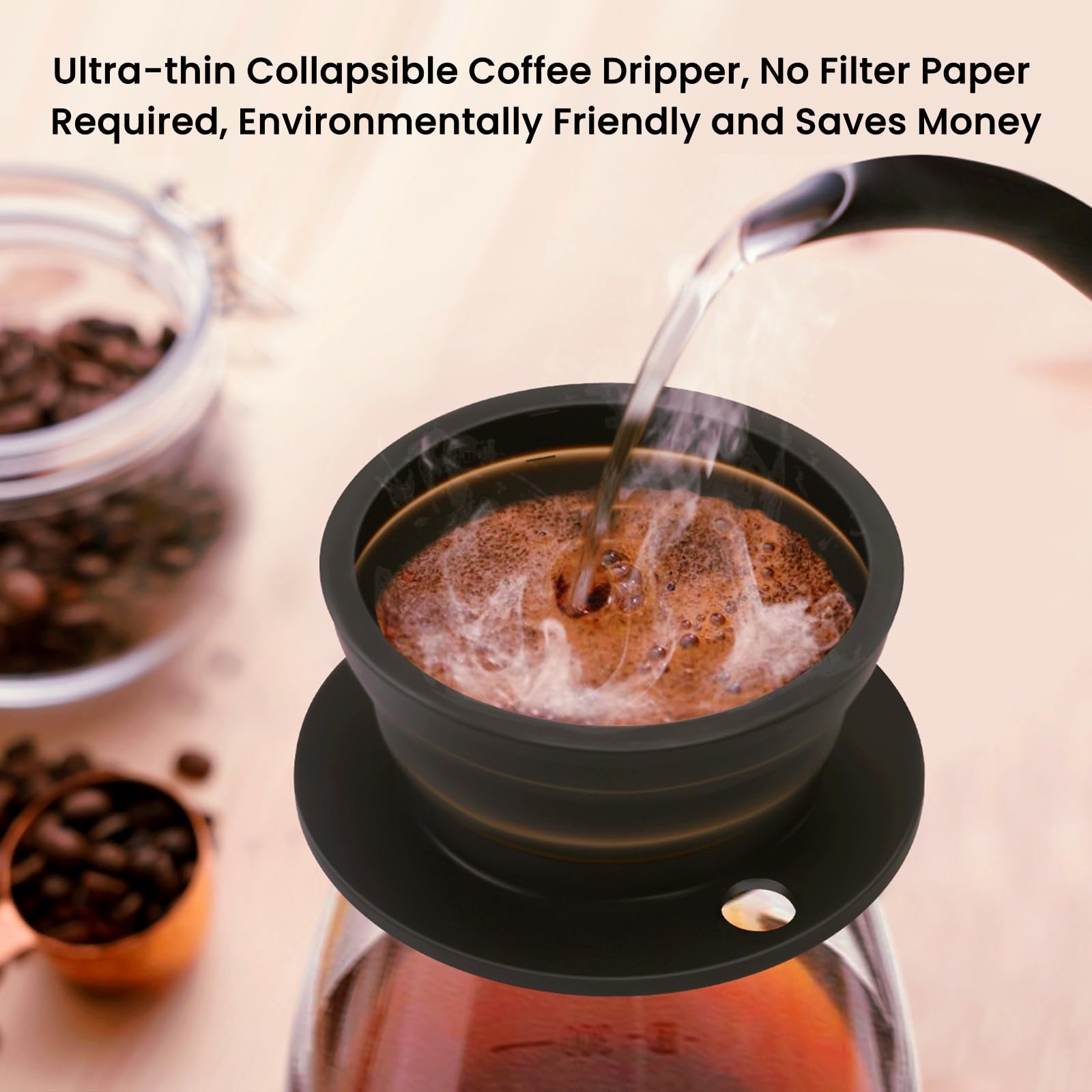 2-Pack Collapsible Pour Over Coffee Dripper - Portable Travel Coffee Maker for Camping & Hiking - Compact 1-Cup Coffee Brewer - Perfect for Outdoor Adventures, Office Use & Home Brewing - Black