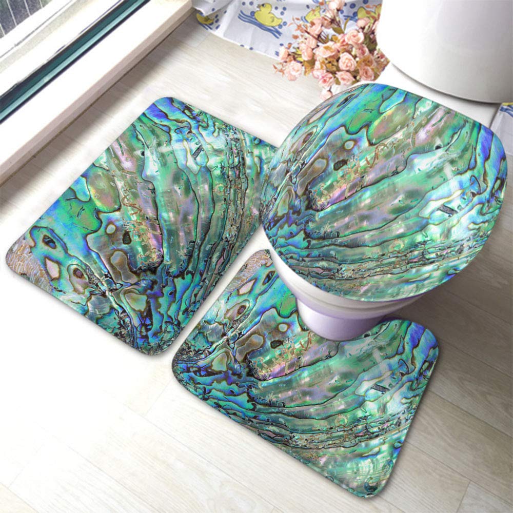 3-Piece Blue Abstract Haliotis Shell Bathroom Rug Set with Sequins - Non-Slip U-Shaped Contour Floor Mat & Toilet Lid Cover for Modern Bathrooms | Waterproof & Stylish Home Decor