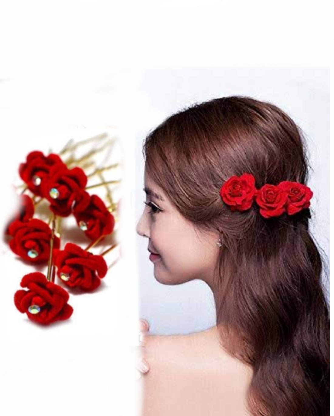AK ICONIC FASHION Rose Juda Hair Pins - 12pcs Velvet Floral Hair Accessories for Women, Bridal Hair Decorations (Red) | Perfect for Weddings, Parties, and Everyday Elegant Styling