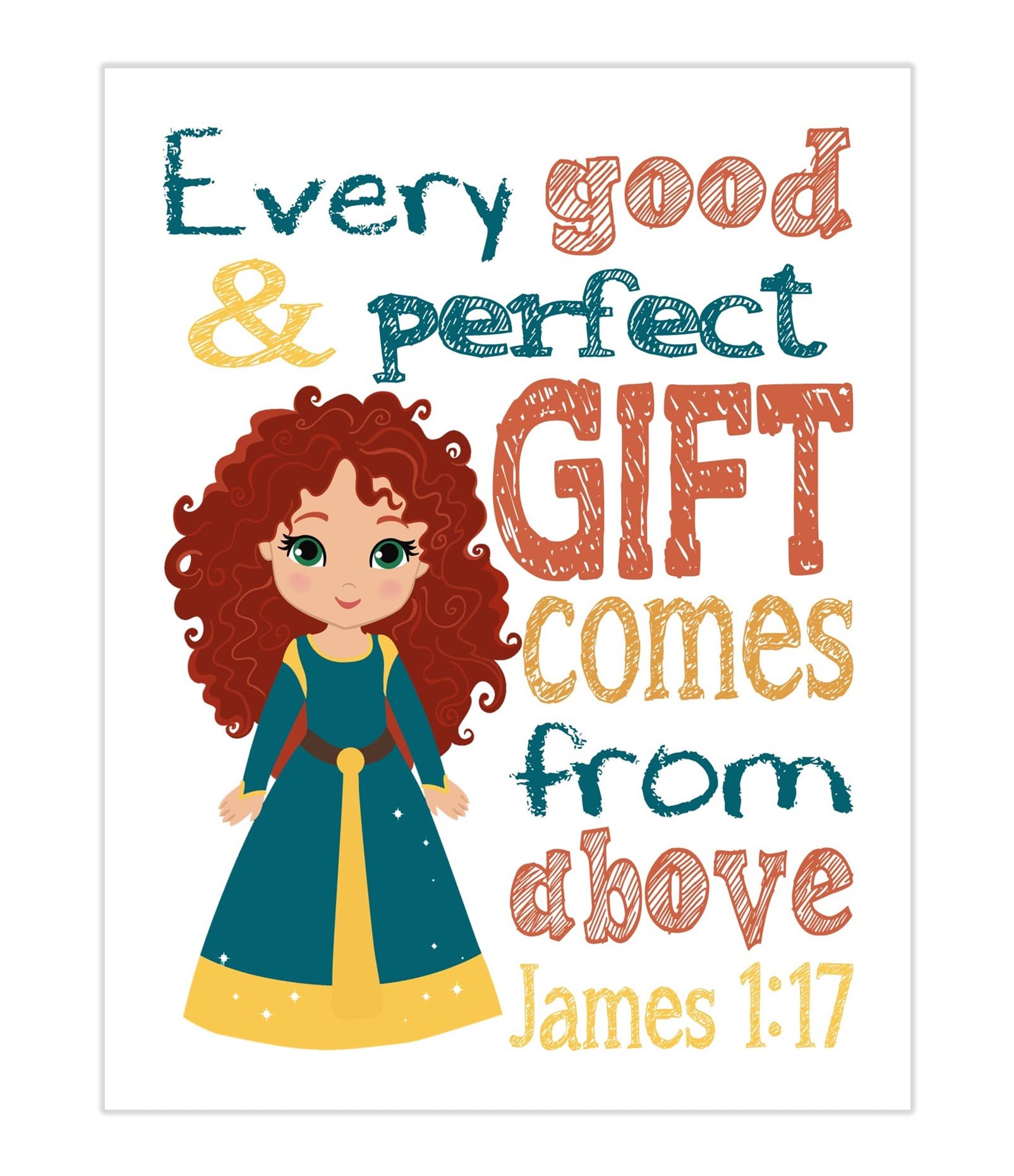 Merida Princess Christian Nursery Decor - James 1:17 Bible Verse Unframed Wall Art Print - 'Every Good and Perfect Gift Comes From Above' - Perfect for Baby Room, Baptism Gift & Sunday School Decor