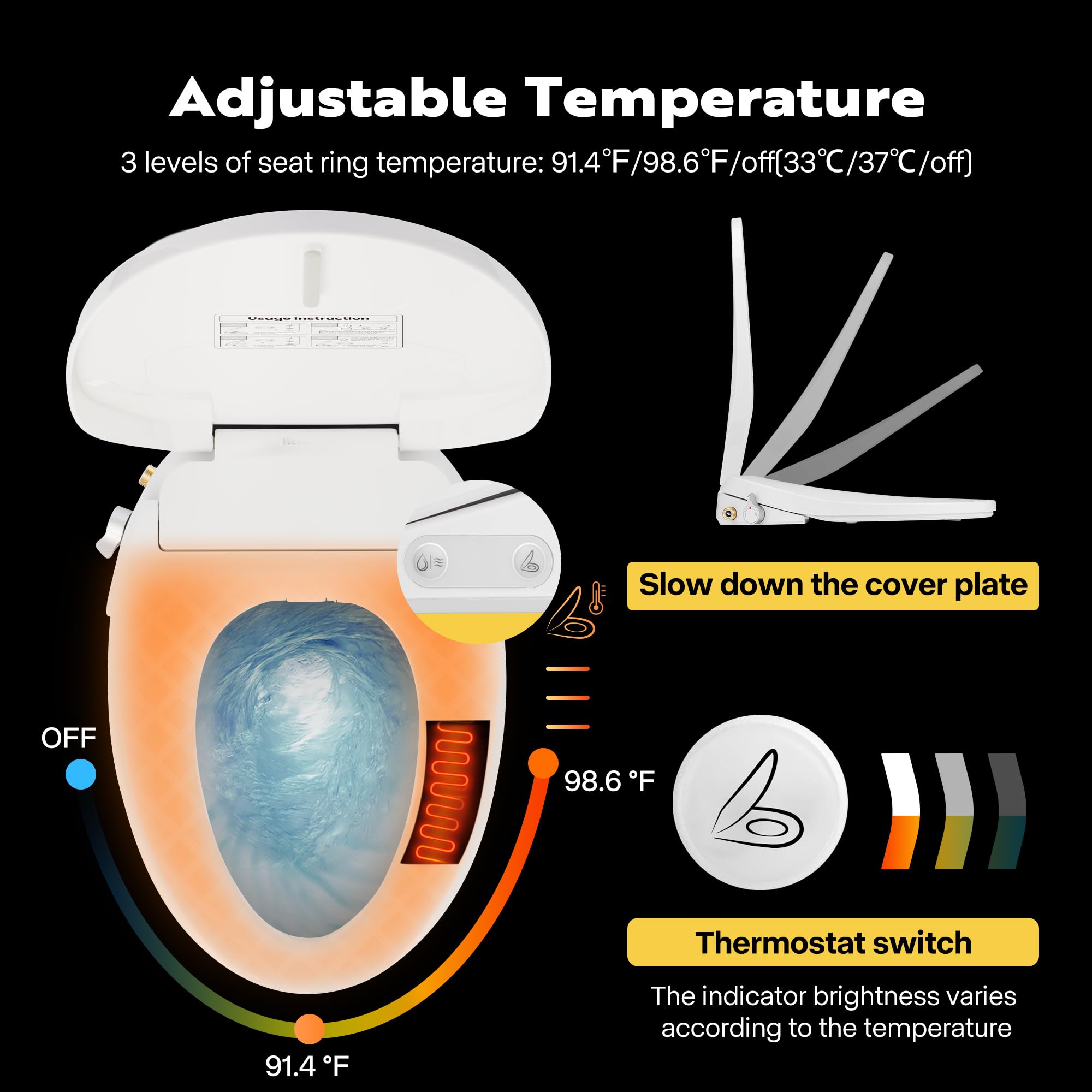 VIVOHOME Smart Heated Bidet Toilet Seat with Self-Cleaning Nozzle - Adjustable Temperature Warm Air Dryer, Soft Close Lid & Nightlight - Perfect for Bathroom Upgrade, Elderly Care & Hygienic Living