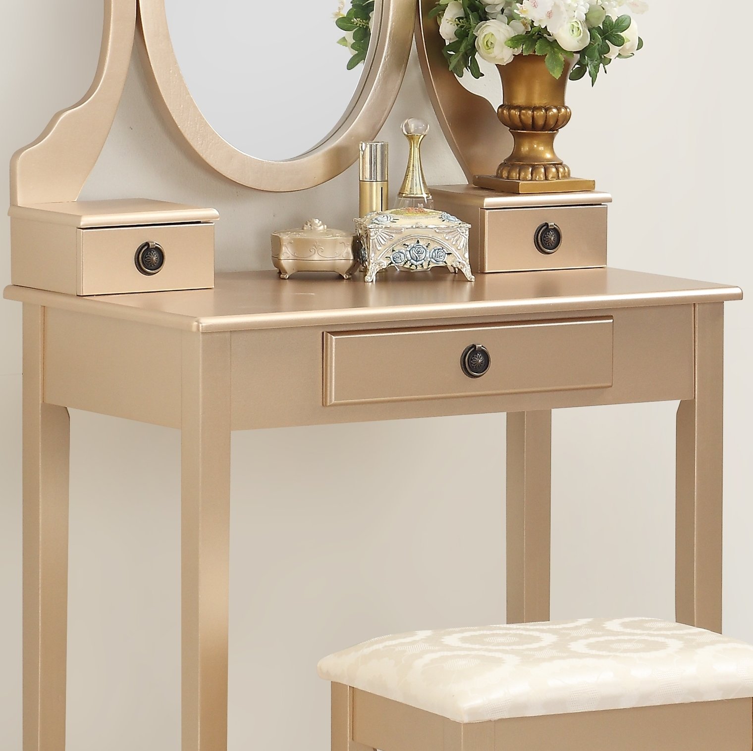 Roundhill Furniture Moniys Wood Makeup Vanity Table and Stool Set with Mirror - Gold Finish | Elegant Dressing Table for Bedroom, Bathroom & Beauty Salon
