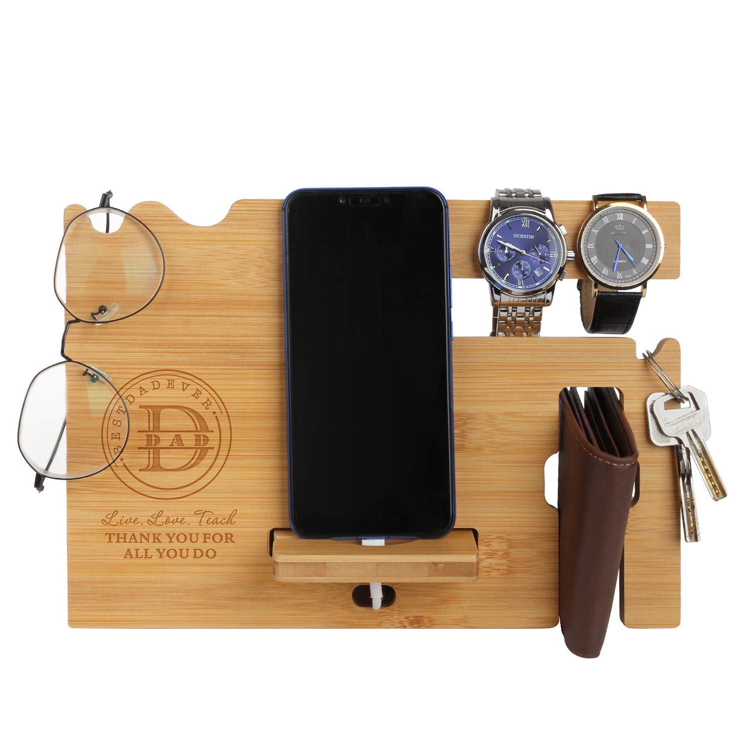 Personalized Wooden Phone Docking Station for Men - Engraved Nightstand Organizer with Phone Stand, Watch Holder & Accessory Tray - Unique Father's Day, Birthday, Christmas Gifts for Dad - Perfect for Bedside, Office Desk or Travel Essentials Organization
