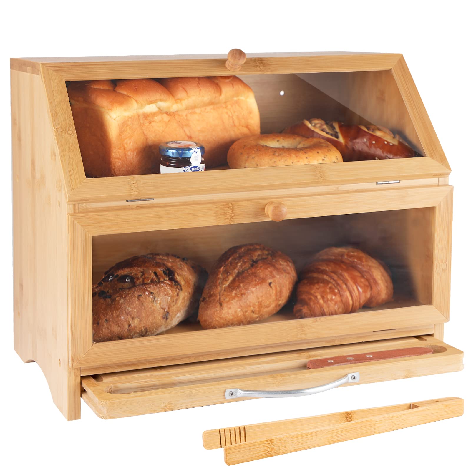 Double Layer Bamboo Bread Box with Clear Window - Large Capacity Kitchen Storage Container for Countertop, Includes Cutting Board & Stainless Steel Bread Knife (Self-Assembly) - Perfect for Bread Storage, Meal Prep & Organized Kitchen Counter