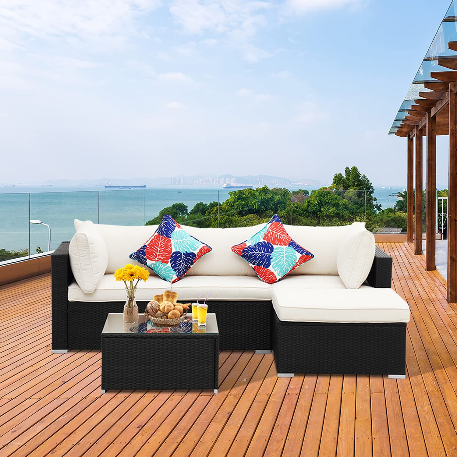 5-Piece Patio Furniture Set Outdoor Sectional Sofa Wicker Rattan Conversation Set with Ottoman, Glass Coffee Table & Cushions - Perfect for Garden, Lawn, Poolside & Backyard Relaxation (Beige)