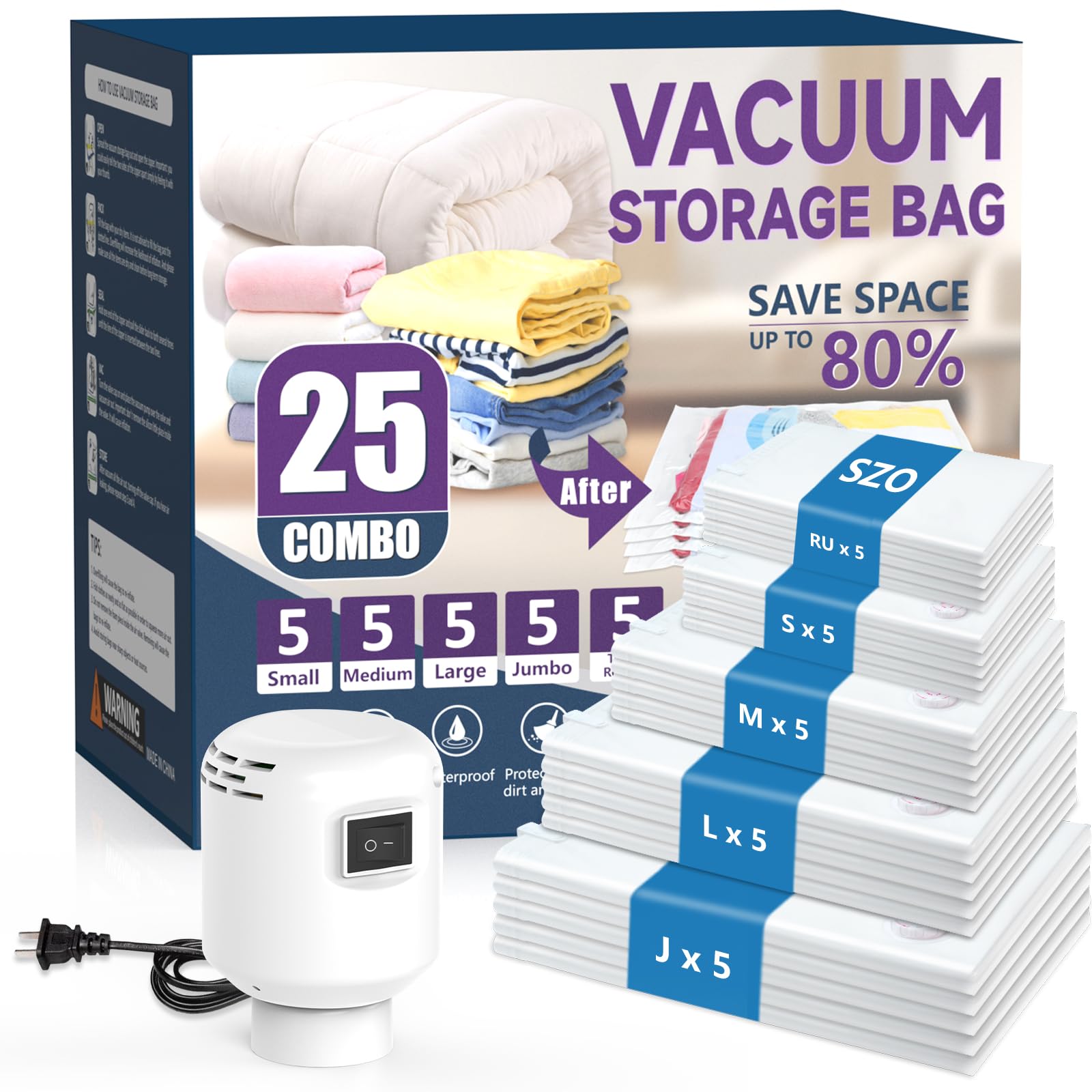 25 Pack Vacuum Storage Bags with Electric Air Pump - 5 Jumbo/5 Large/5 Medium/5 Small/5 Roll Up Bags | Space Saving Vacuum Seal Bags for Clothes, Travel, Luggage, Blankets, Bedding & Moving | Perfect for Home Organization, Seasonal Storage & Travel Packing