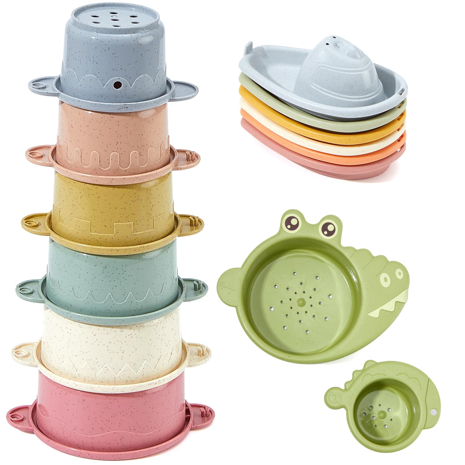 AMCHSURI 14 PCS Non-Toxic Bath Toys for Toddlers 1-3 Years - Stackable Boats & Cups, Mold-Free Bathtub Water Toys for Babies 6-12 Months - Early Learning Educational Gift for Sensory Play & Bathtime Fun