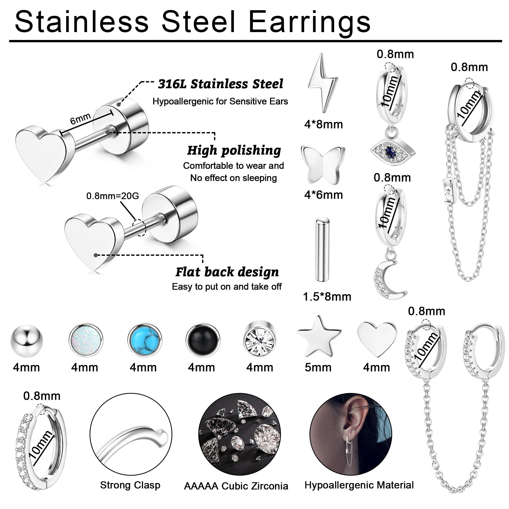 JeweBella 15 Pairs Hypoallergenic Surgical Steel Earrings Set for Women & Men - Silver/Gold Flat Back Studs, Hoops, Dangle & Cartilage Earrings with Zirconia - Tragus, Helix, Sleeper Piercing Jewelry for Everyday Wear & Special Occasions