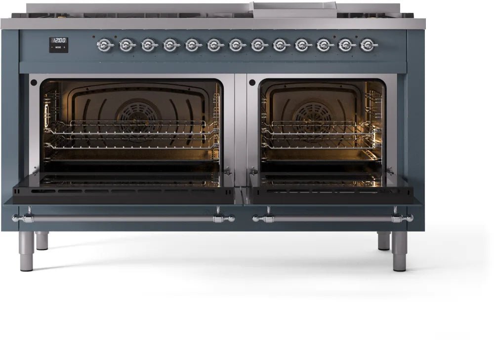 ILVE Nostalgie II 60 Inch Dual Fuel Natural Gas Range - Blue Grey with Chrome Trim (UP60FNMPBGC) | Professional Kitchen Appliance for Home Chefs & Restaurants