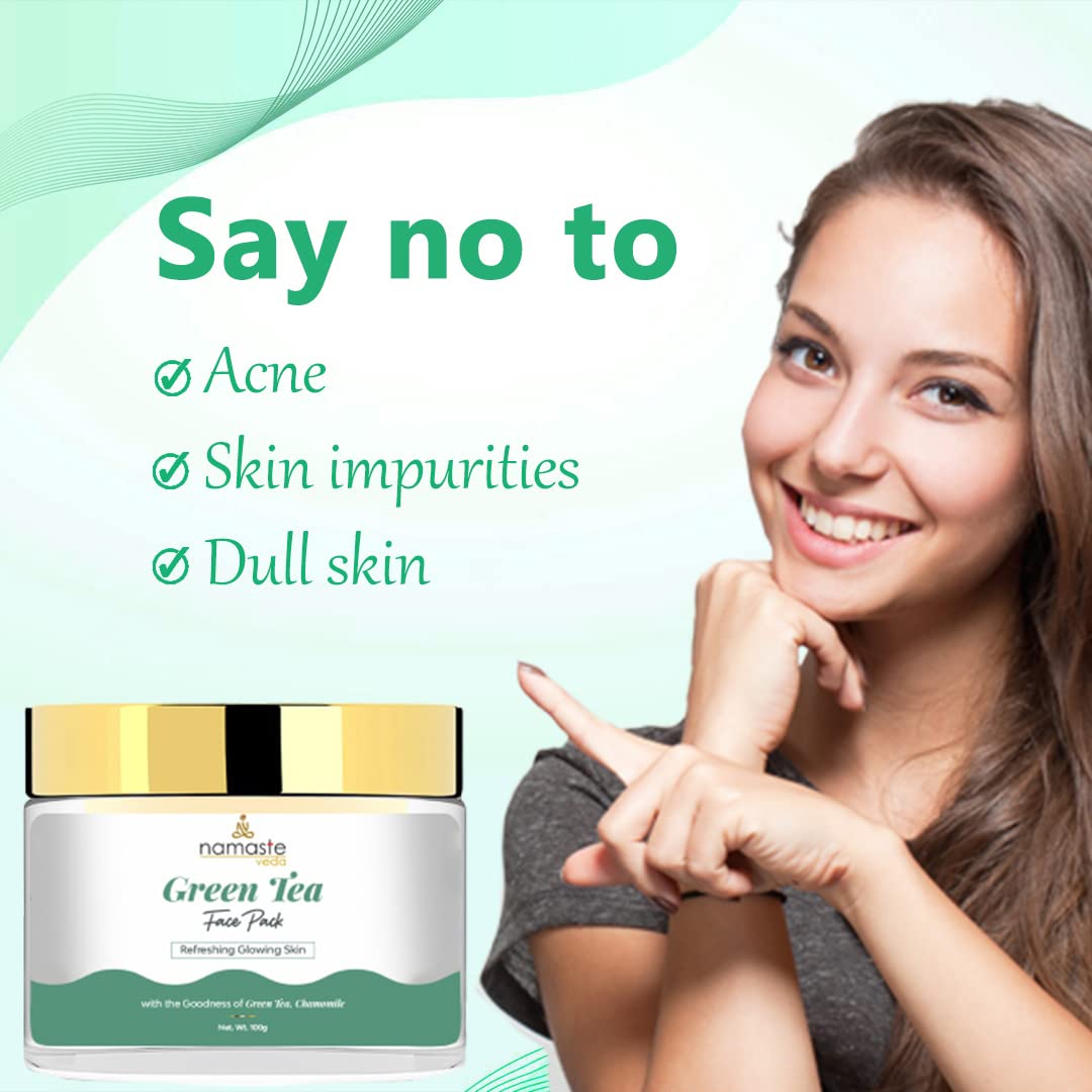 Namaste Veda Green Tea Face Pack - Dark Spot Remover & Deep Cleansing | Anti-Acne Treatment for Clear, Glowing Skin | With Aloe Vera, Vitamin C & E | 100g for Women & Men | Perfect for Daily Skincare & Acne-Prone Skin