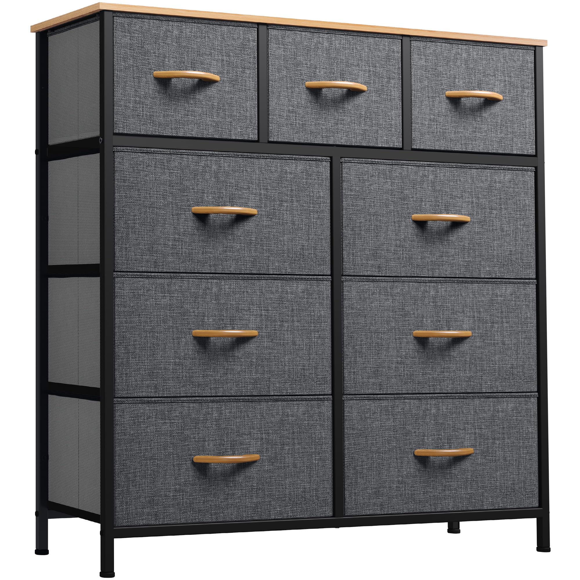 YITAHOME 9-Drawer Fabric Storage Dresser with Sturdy Steel Frame & Wooden Top - Dark Grey Dresser for Bedroom, Living Room & Closet Organization - Easy Pull Fabric Bins for Clothes, Toys & Home Storage