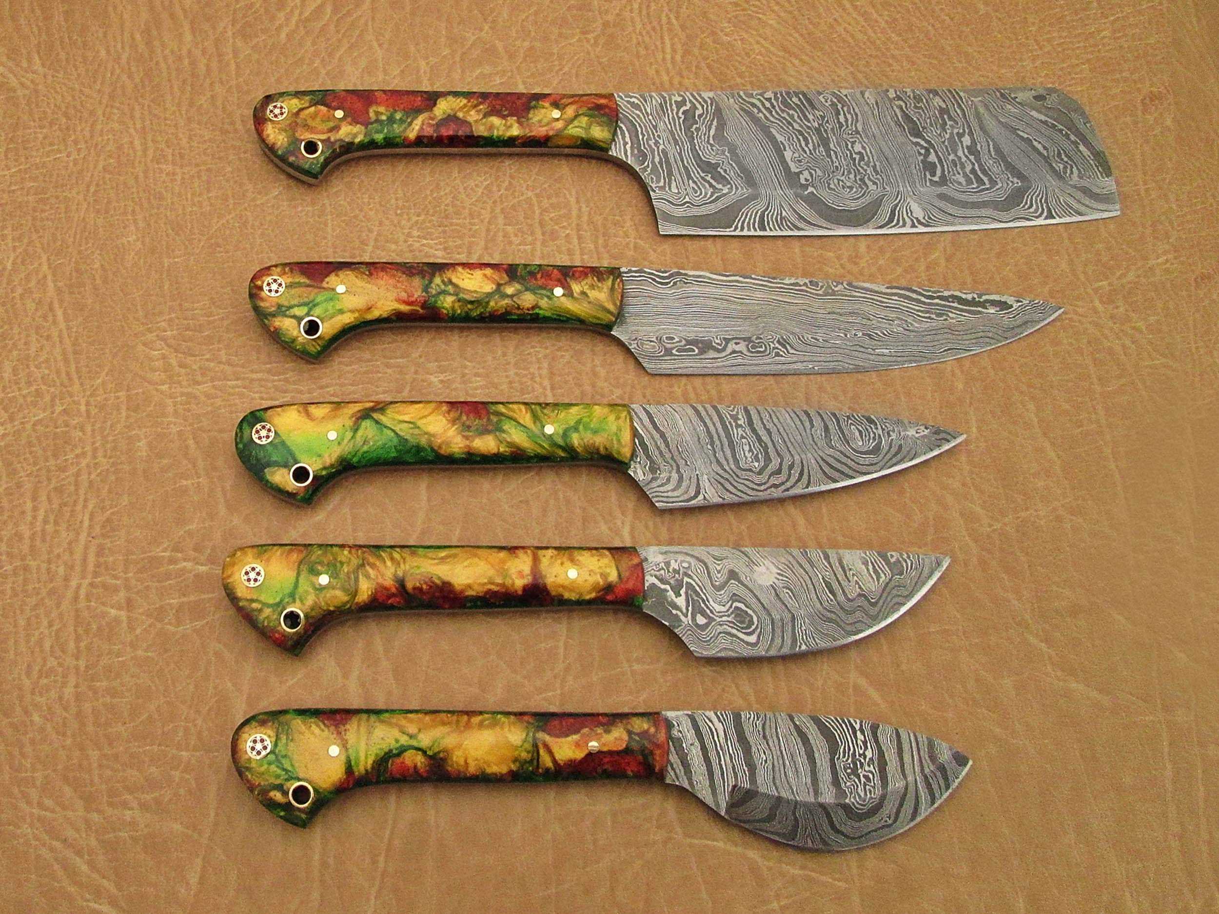 Premium 5-Piece Damascus Steel Kitchen Knife Set with Gift Box - Camouflage Orange Handle - Razor Sharp Chef Knives (10.6