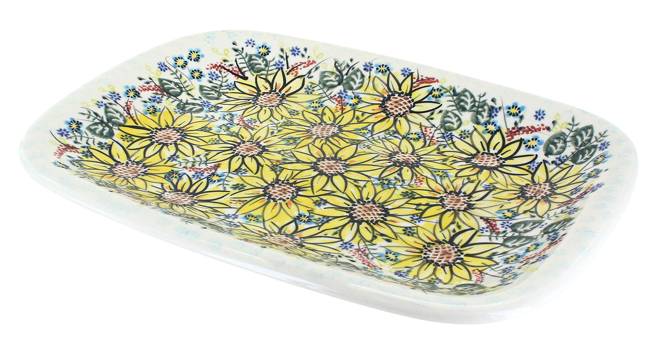 Blue Rose Polish Pottery Sunflower Maze Large Rectangular Serving Platter - Elegant Dinnerware for Entertaining, Holiday Meals & Special Occasions