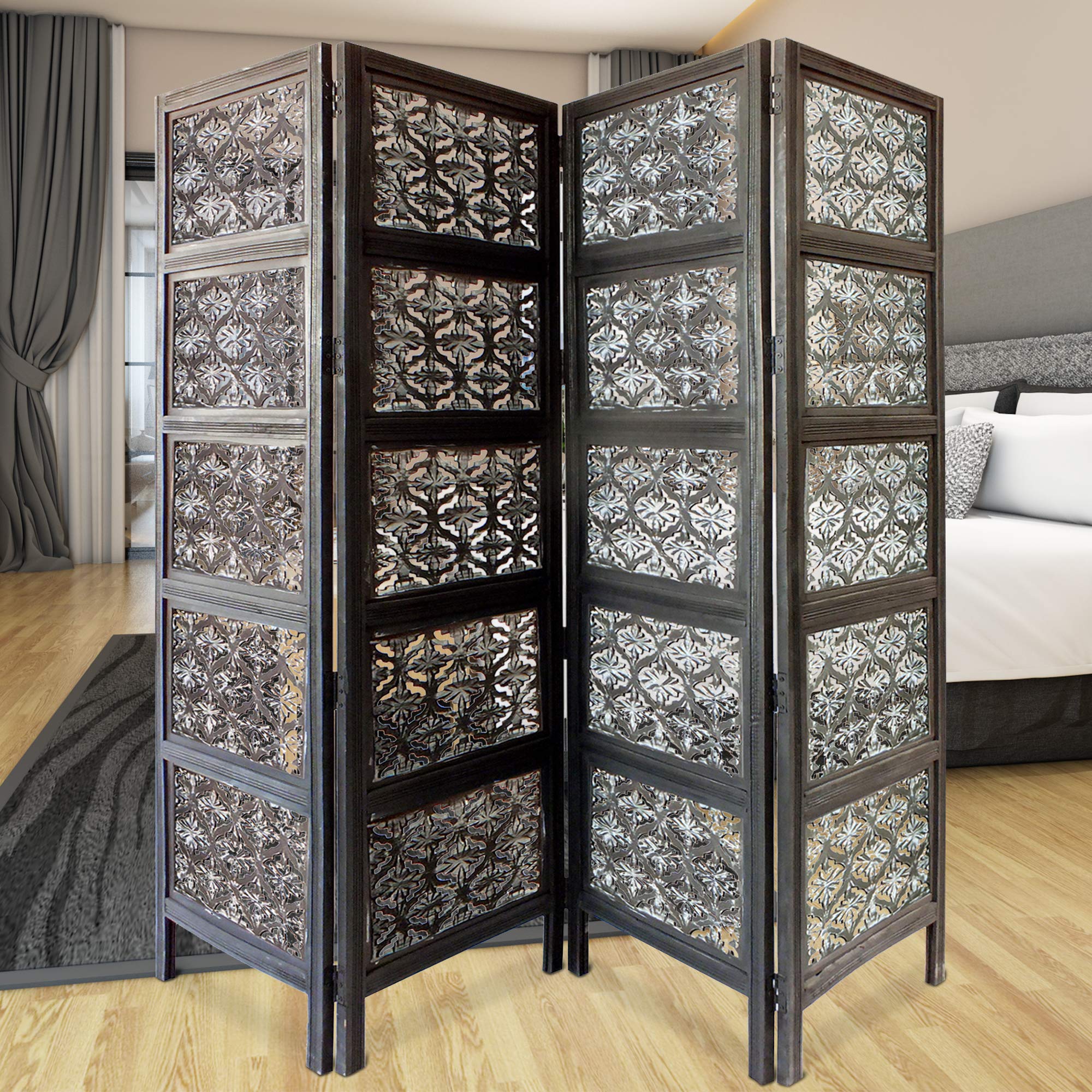 TUP The Urban Port Black & White 4-Panel Mango Wood Room Divider with Traditional Carvings - Handcrafted Privacy Screen for Living Room, Bedroom or Office Space