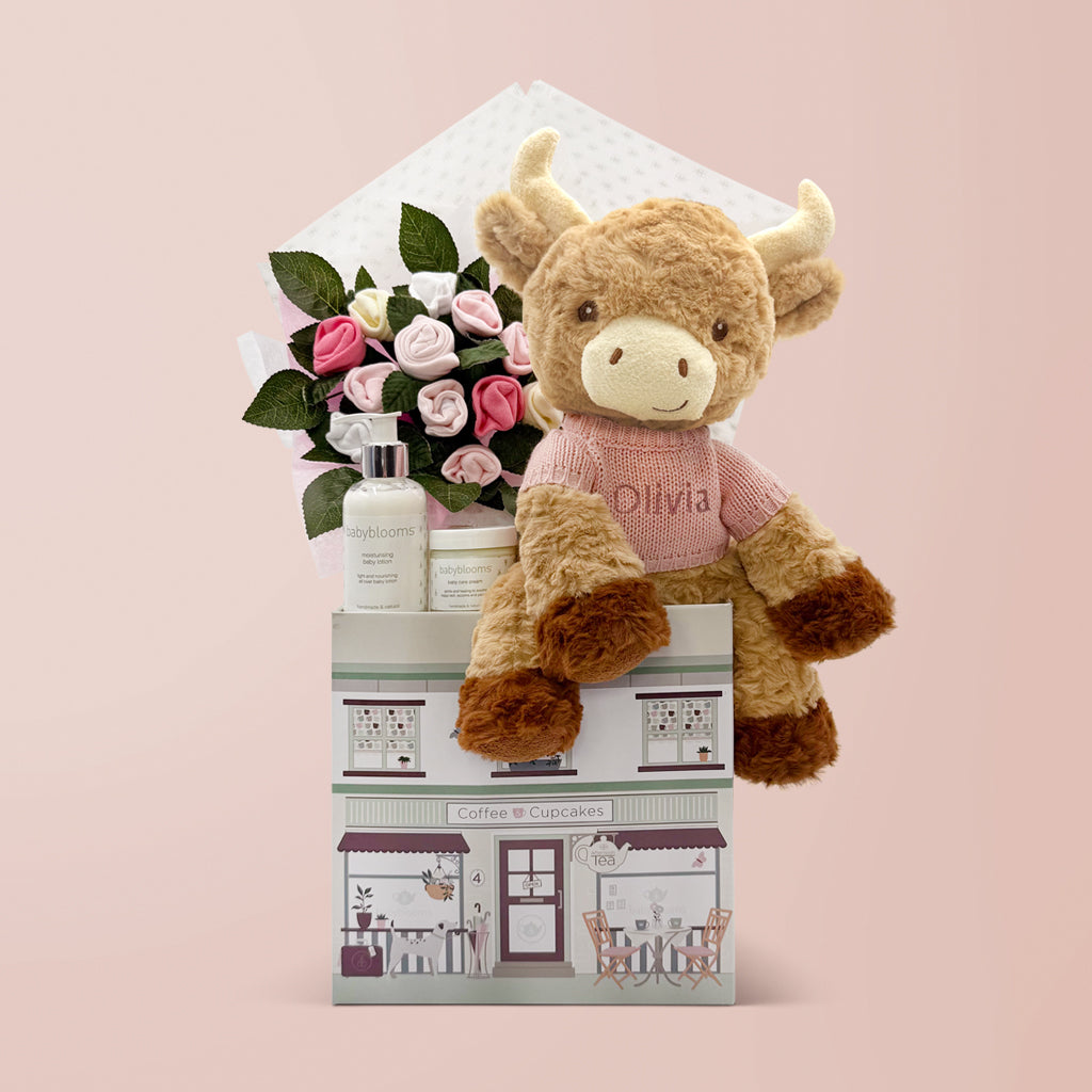 Personalized Pink Harriet Highland Cow Welcome Baby Gift Hamper - Perfect for Newborn Gifts, Baby Showers & Nursery Decor