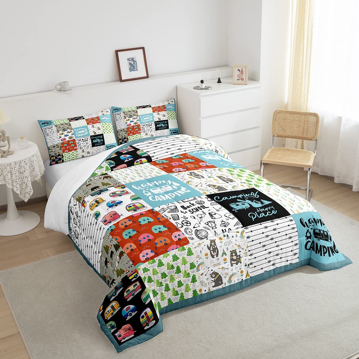 Feelyou Camping Theme Bedding Set - Kids Camper Comforter Set with Travel Car Pattern, Queen Size Duvet Cover for Boys & Girls | Perfect for Camping Trips, RV Adventures & Cozy Bedroom Decor