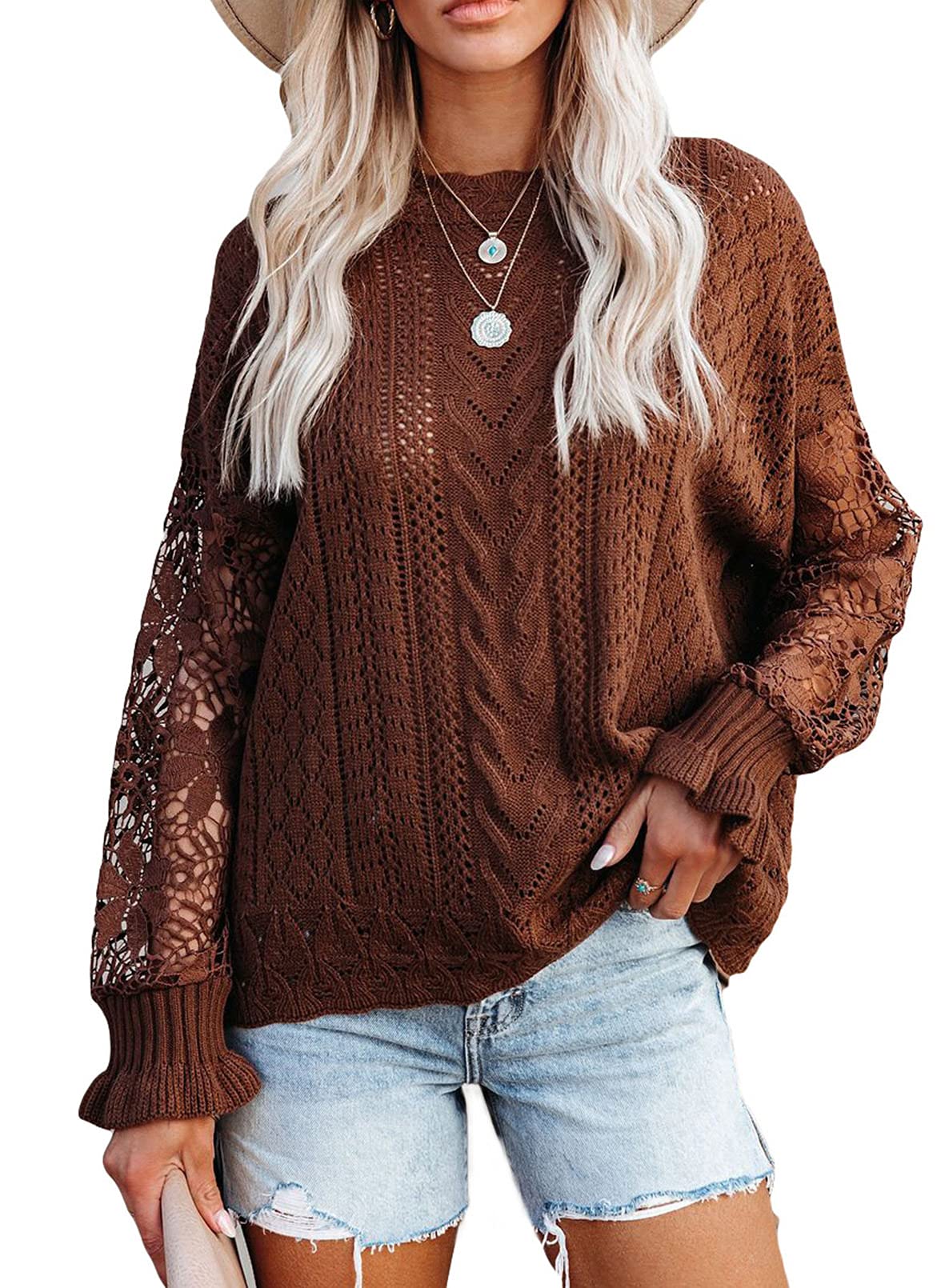Aytitium Women's Lace Crochet Long Sleeve Sweater - Winter Knit Pullover Jumper Top for Casual Outfits, Office Wear & Holiday Fashion