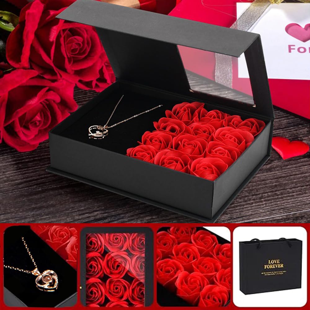 FullGen Preserved Rose Gift Box - Eternal Rose with 'I Love You' Necklace in 100 Languages for Her, 12-Rose Jewelry Box - Perfect Romantic Gift for Valentine's Day, Anniversary, Mother's Day & Christmas - Ideal for Surprise Proposals, Date Nights & Special Occasions