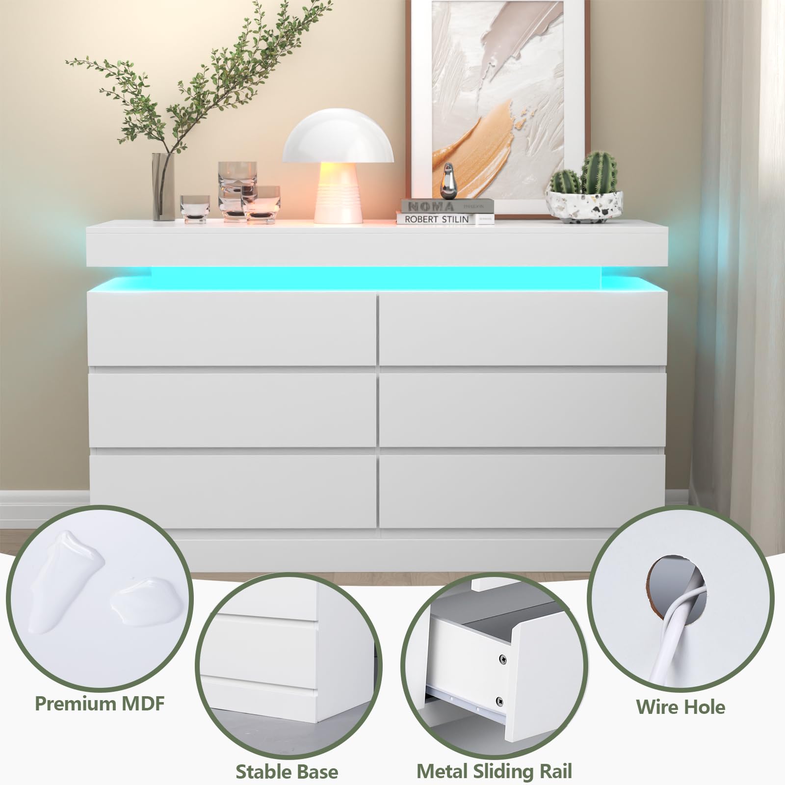 6-Drawer Dresser with Power Outlet & LED Lights - Modern White Chest of Drawers with Double Wide Storage for Bedroom, Living Room, Entryway - Perfect for Organizing Clothes, Accessories & Home Decor