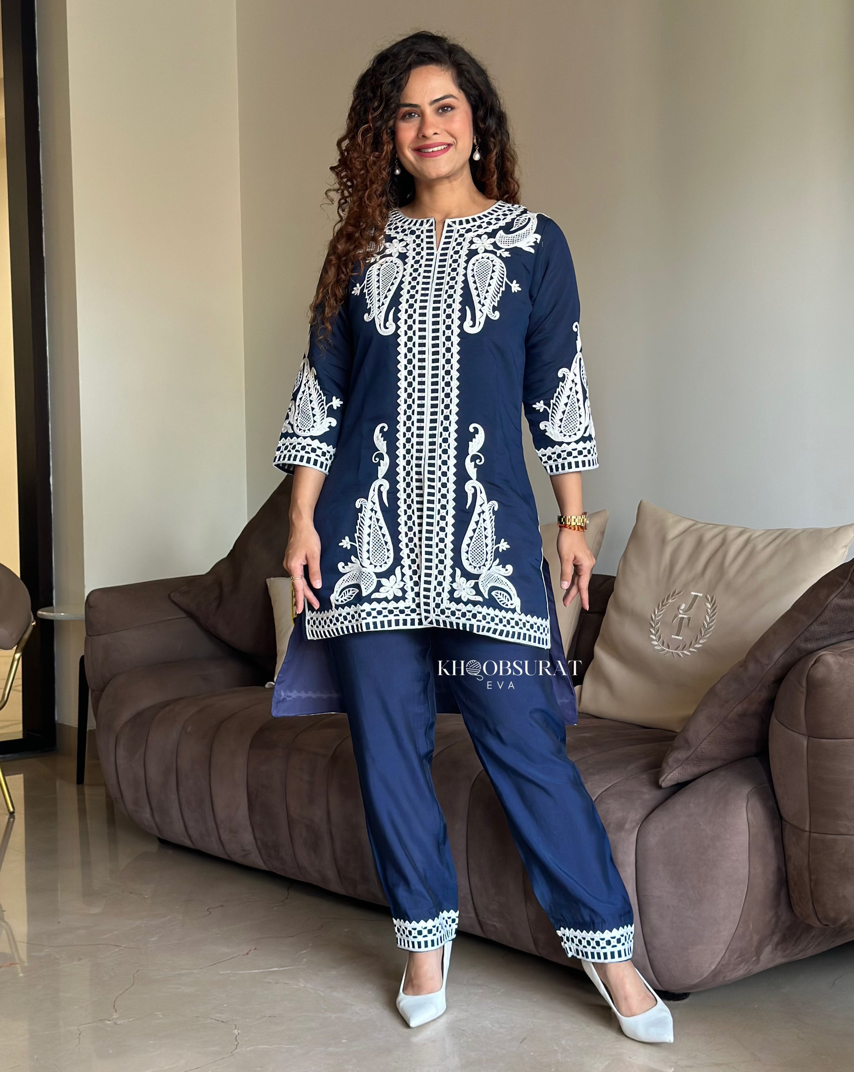 Sapphire Stitch Embroidered Blue Matching Outfit Set for Women - Elegant Lounge Wear & Casual Date Night Outfits