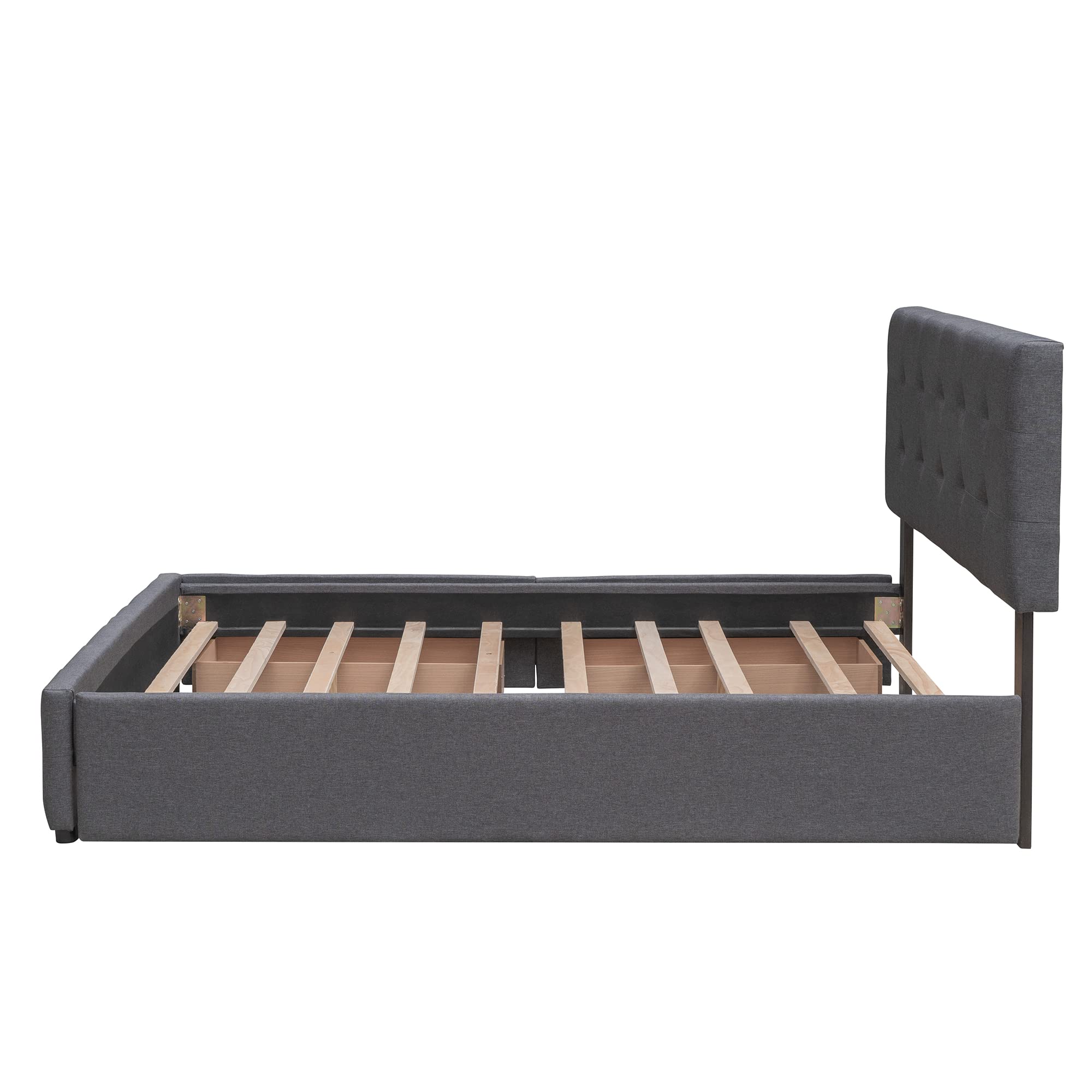 Queen Size Upholstered Platform Bed with 2 Storage Drawers & Twin XL Trundle - Linen Fabric Wooden Bed Frame in Dark Gray | Space-Saving Storage Solution for Small Bedrooms & Guest Rooms