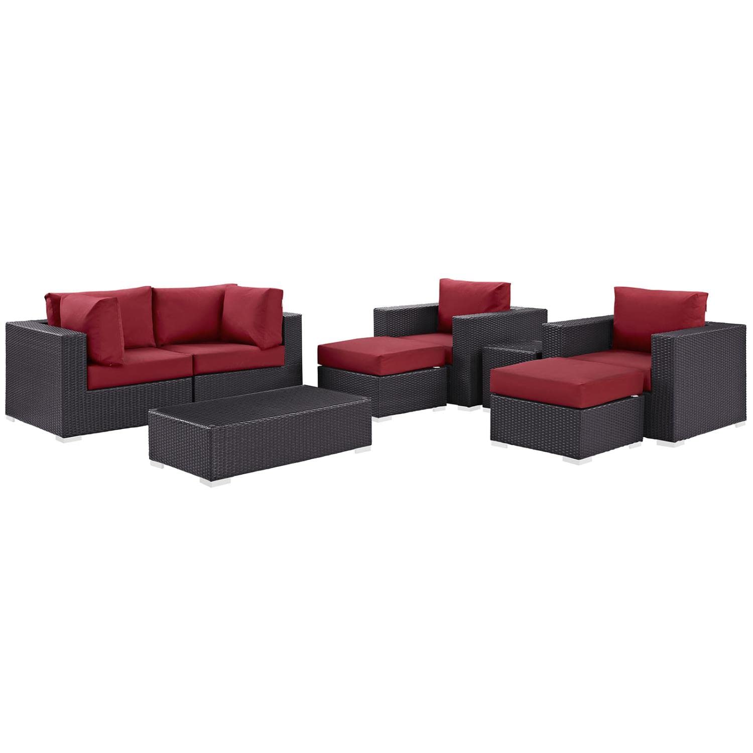 Modway Convene 8-Piece Outdoor Patio Sectional Set - Espresso Red Wicker Furniture for Backyard, Garden & Poolside Relaxation