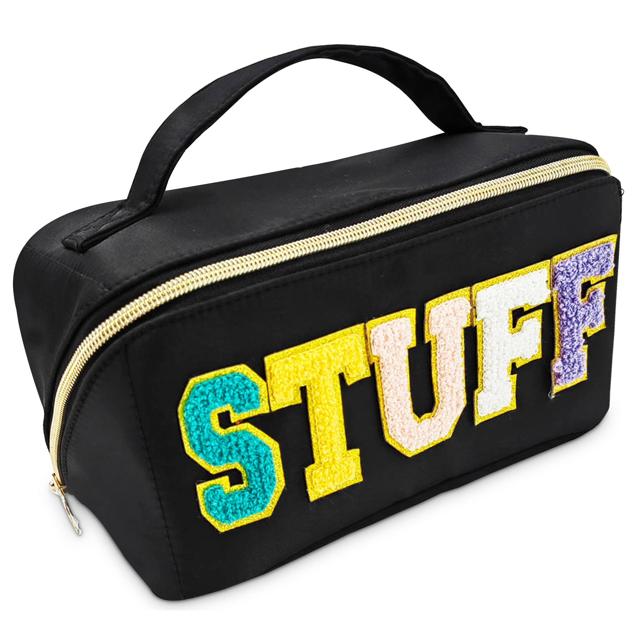 SIDLEEN BEAUTY Makeup Bag for Women | Waterproof Travel Toiletry Organizer | Skincare & Cosmetic Storage Pouch | Perfect Gift for Teens & Girls | Preppy Style | Black | Ideal for Travel, Gym & Daily Use