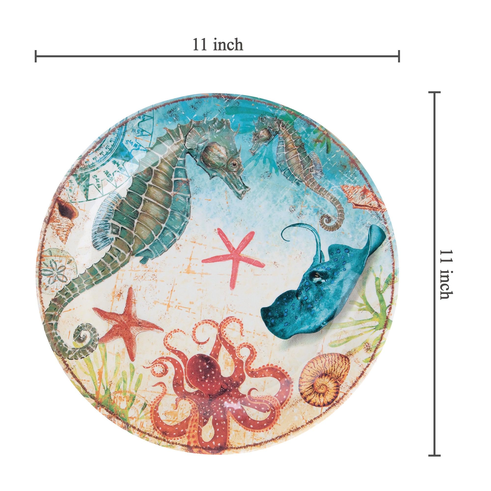 UPware 6-Piece Melamine Dinner Plate Set - BPA-Free, Dishwasher Safe 11-Inch Round Plates for Main Course, Pasta & Salad | Durable & Stylish Seahorse Design for Restaurants, Picnics & Outdoor Dining