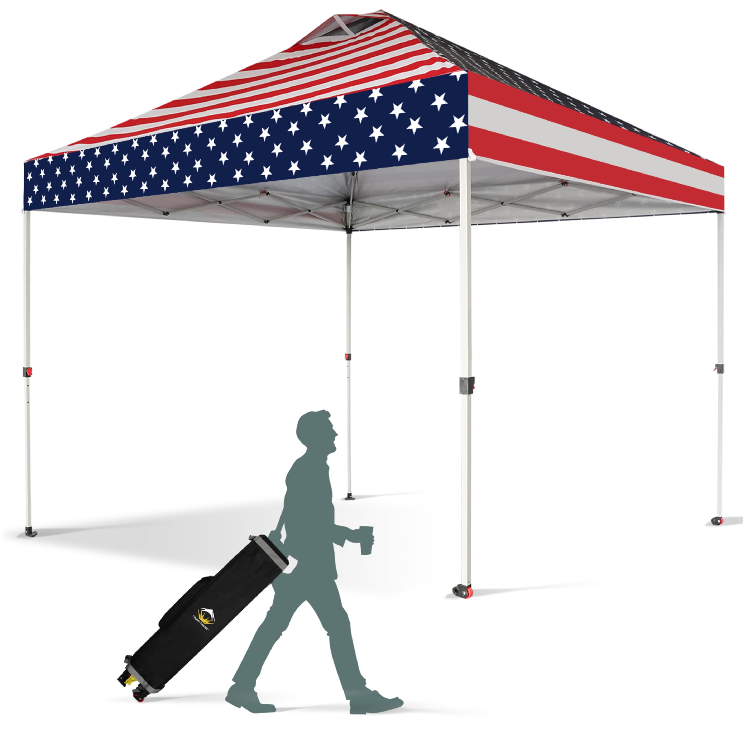 CROWN SHADES 10x10 Pop Up Canopy Tent - Instant Setup Beach Sun Shelter for Outdoor Events, Parties, Camping & Picnics - Portable Gazebo with Carry Bag, Silver Coated UV Protection Top & American Flag Design - Perfect for Backyard BBQs, Tailgating and Beach Days