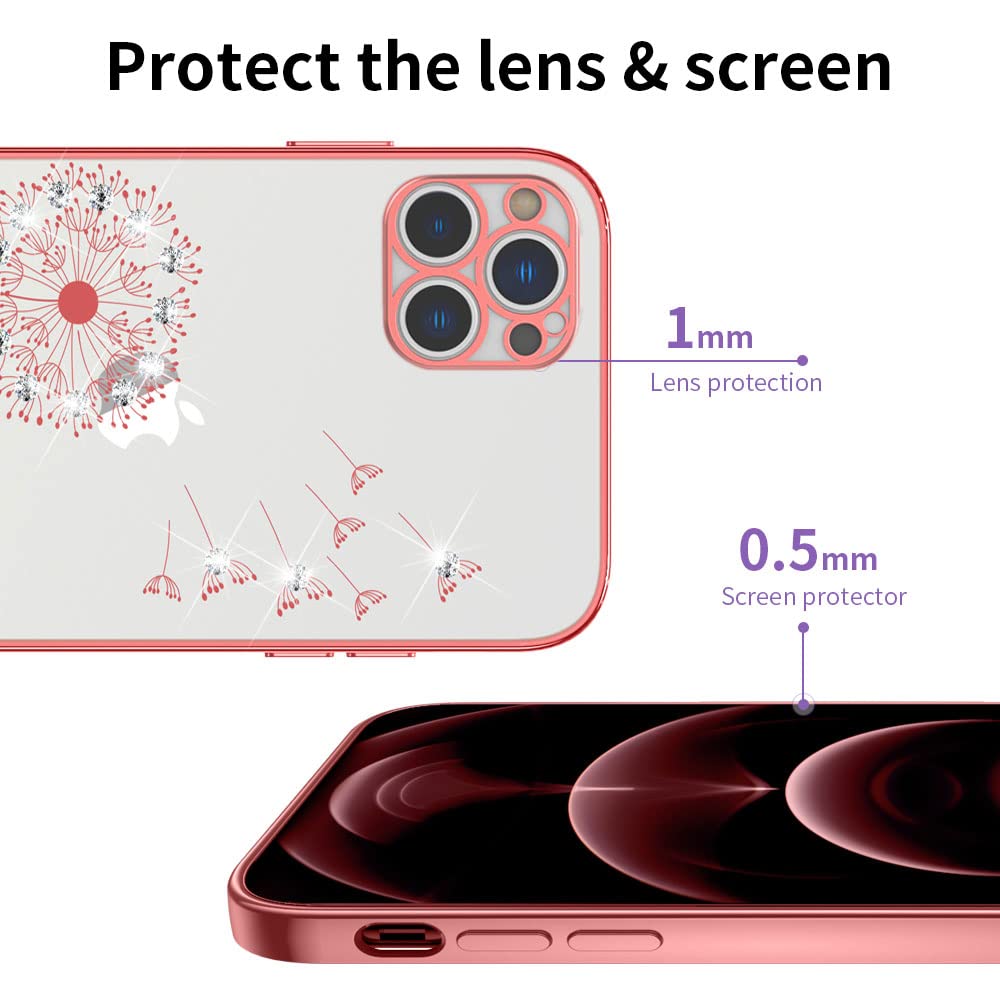 ZCDAYE iPhone 13 Pro Max Case (6.7 inch) - Dandelion Electroplated Diamond Rose Gold Transparent TPU Shockproof Protective Cover | Slim Soft Case for Everyday Use, Work & Travel