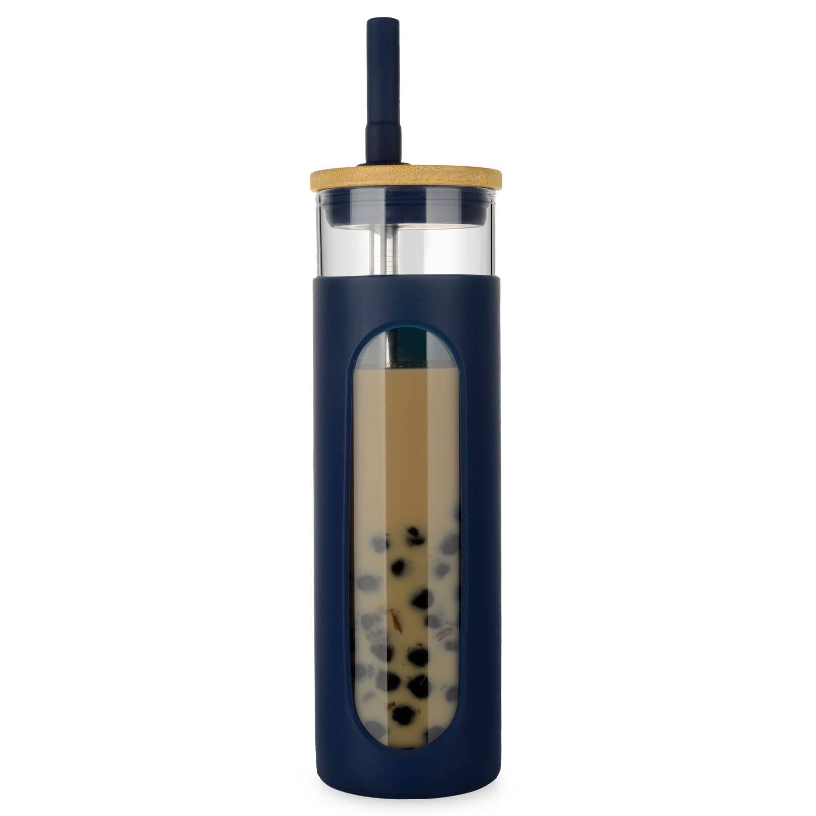 26oz Glass Tumbler with Bamboo Lid & Straw - Spill Proof Glass Cup for Boba Tea, Iced Coffee, Smoothies - BPA Free, Dishwasher Safe with Silicone Sleeve - Perfect for Office, Gym, Travel & Outdoor Activities