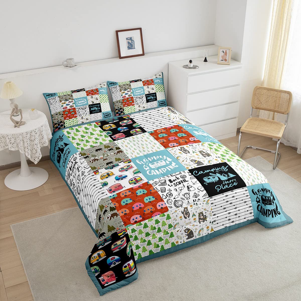 Feelyou Camping Theme Bedding Set - Kids Camper Comforter Set with Travel Car Pattern, Queen Size Duvet Cover for Boys & Girls | Perfect for Camping Trips, RV Adventures & Cozy Bedroom Decor