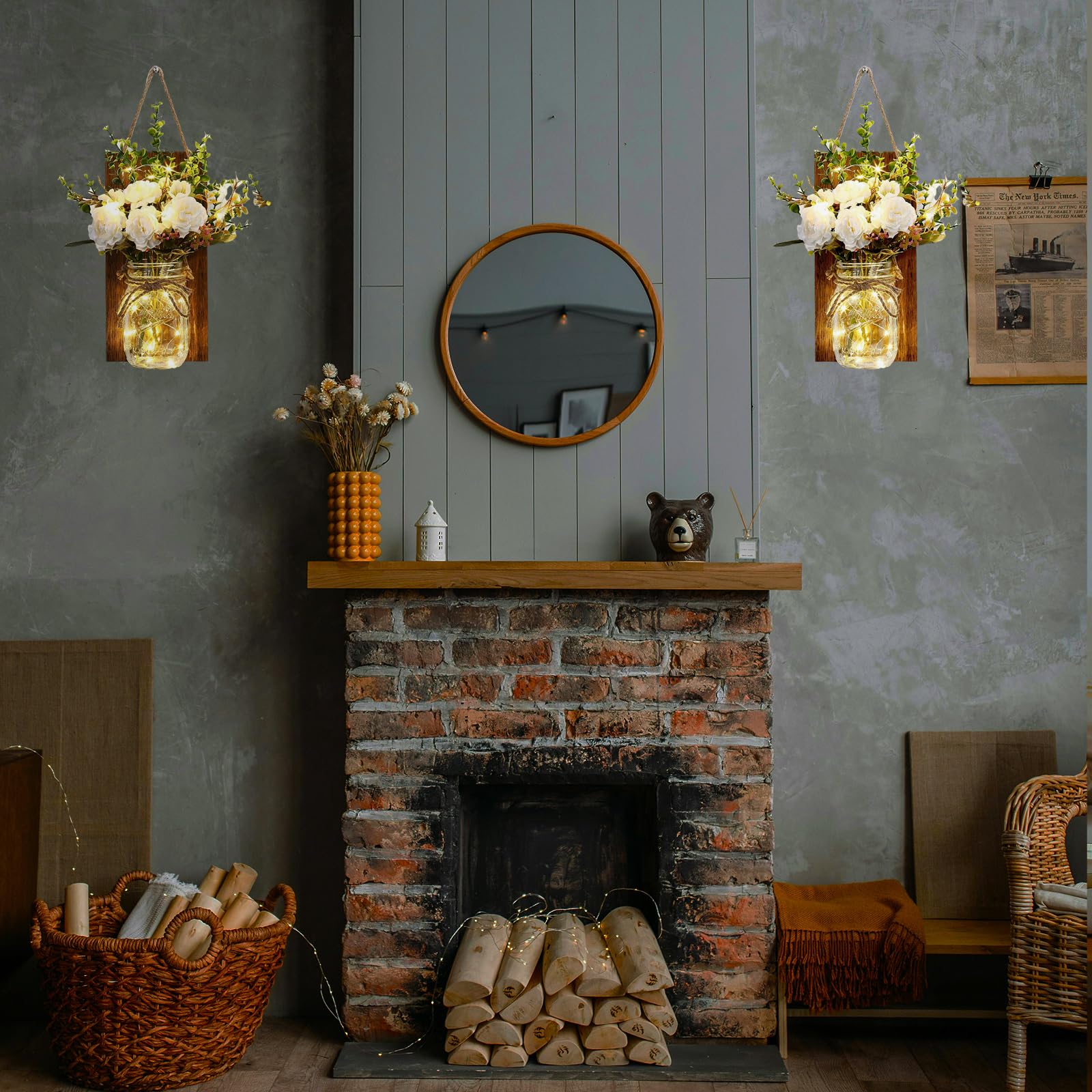 Lightess Mason Jar Wall Sconces with Remote Control - Rustic LED Fairy Lights with White Roses (Set of 2) - Farmhouse Decor for Dining Room, Living Room, Bedroom & Patio - Perfect for Romantic Ambiance, Wedding Decor and Cozy Home Lighting